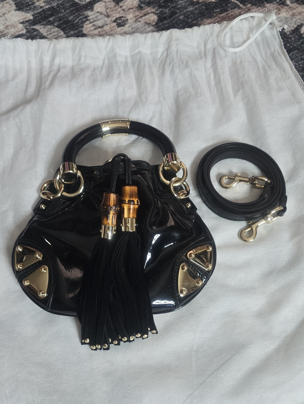 Black Patent Indy Tassel Satchel Mini Handbag with Gold Hardware